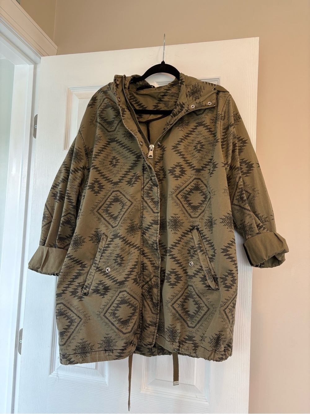 Top Shop Olive Tribal Print Hooded jacket